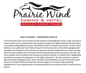 Prairie Wind Casino Public Statement about the Coronavirus