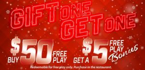 Buy $50 free play get $5 free play bonus at Prairie Wind Casino in December 2022.