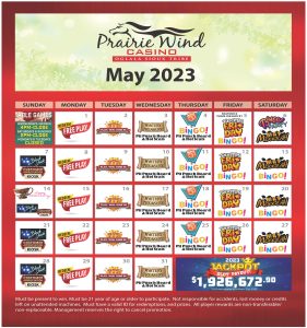 May 2023 Promotions Calendar Prairie Wind Casino