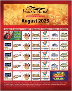 August 2023 Prairie Wind Casino Promotions Calendar