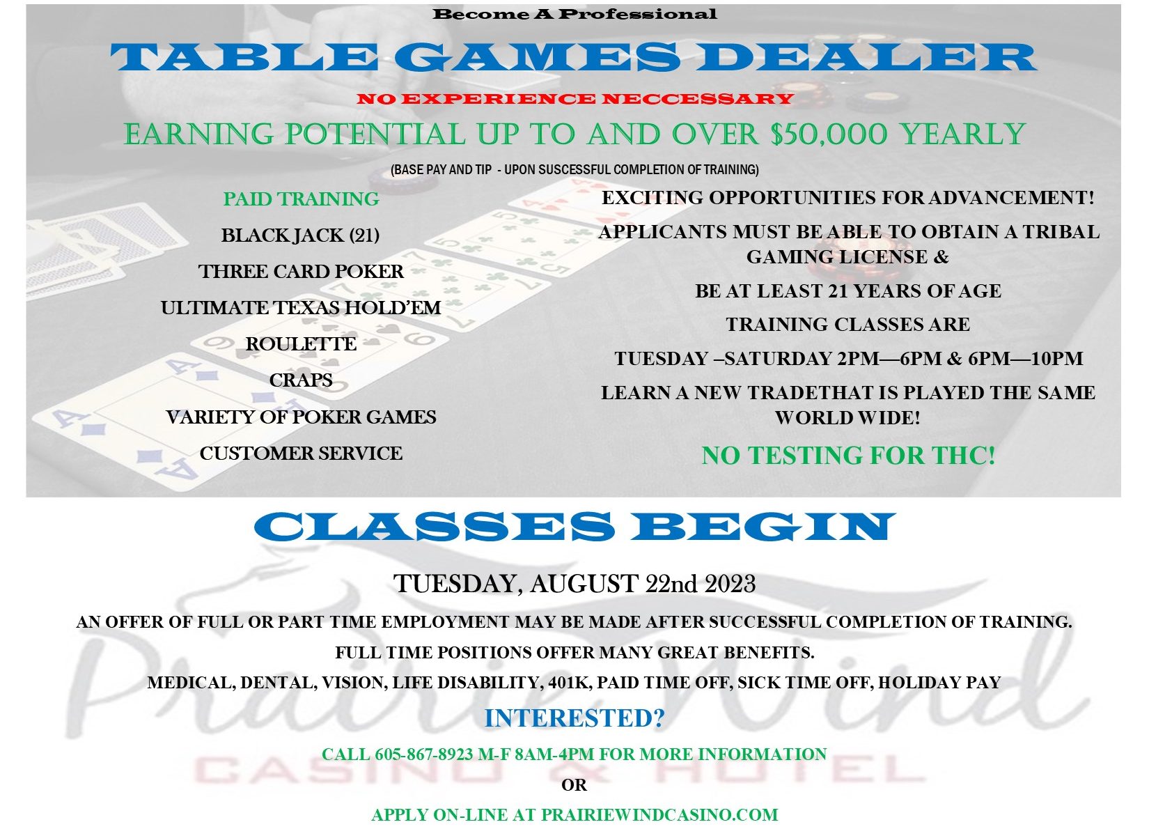 Table Games Dealer Wanted at Prairie Wind Casino