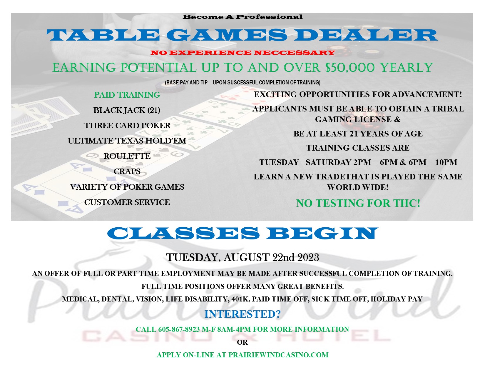 Table Games Dealer Wanted at Prairie Wind Casino
